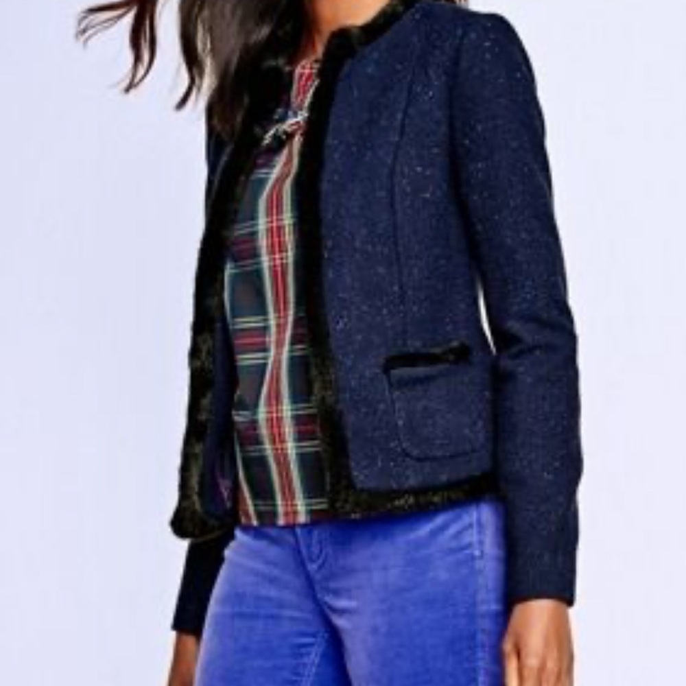 Talbots Faux Fur Trimmed Navy Speckled Wool Blend Jacket Blazer Women’s Size 8